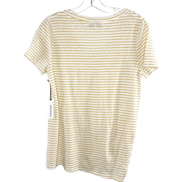 Olivaceous White Gold Stripe Twist Front Scoop Neck Linen Blend Tee Shirt Small - Picture 2 of 6